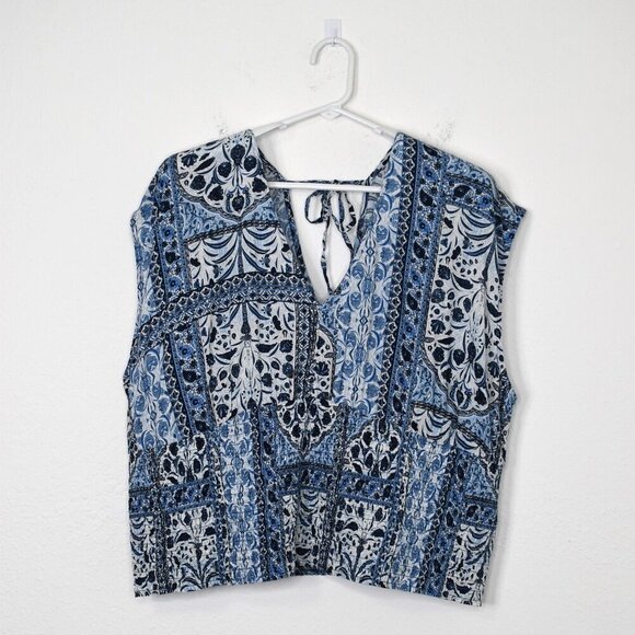 Old Navy Floral Crop Top Sz XXL Smocked Waist Back Tie Boho Peasant Coastal Blue - Picture 5 of 14